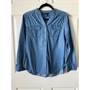 Intro Chambray Denim Button Down Shirt Size Petite Medium Coastal Casual